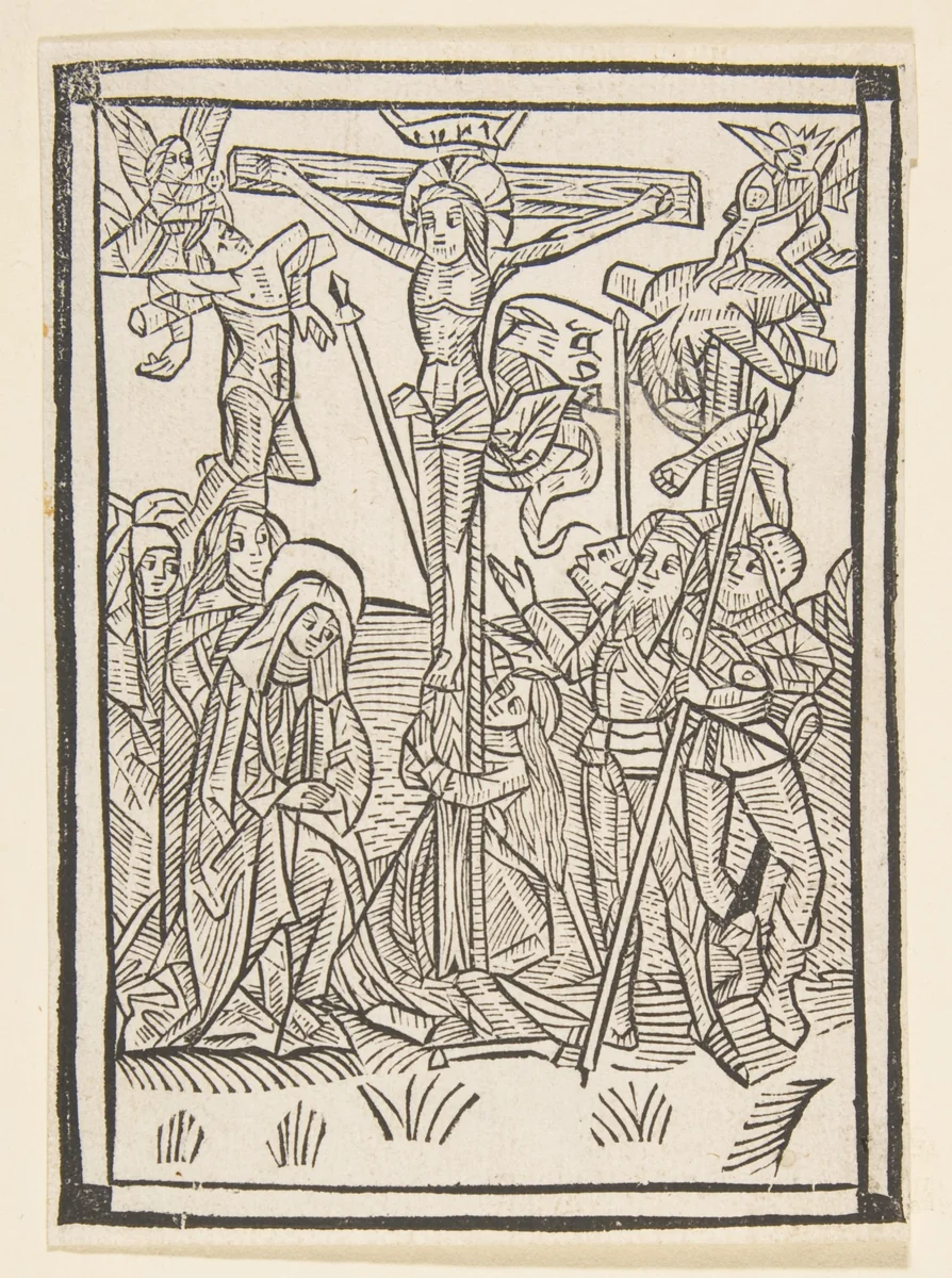 The Crucifixion, frontispiece to Postilla Guillermi by anonymous, print, 1491