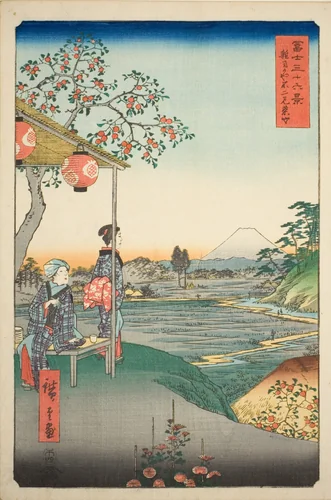 View of Mount Fuji from a Teahouse at Zoshigaya (Zoshigaya Fujimi chaya), from the series "Thirty-six Views of Mount Fuji (Fuji sanjurokkei)" by Utagawa Hiroshige (歌川広重), print, 1858