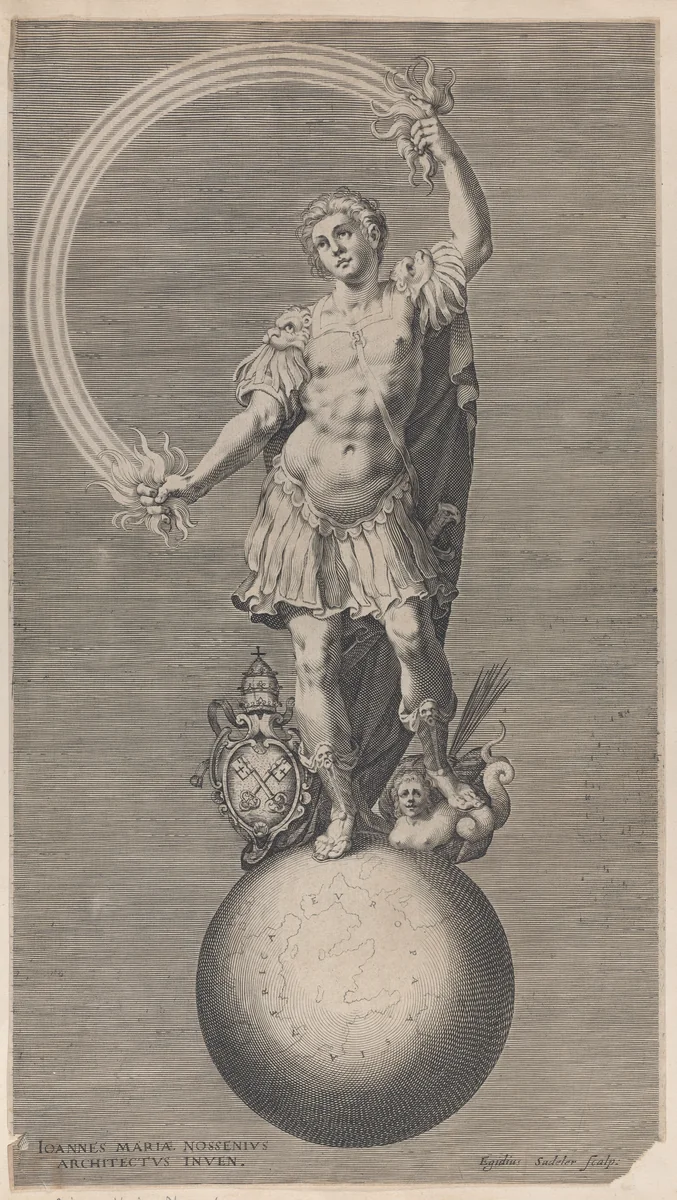 Allegorical figure of a warrior standing on a globe with the papal coat of arms at his feet by Aegidius Sadeler II, print, 1583-1629