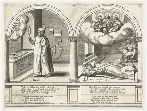 De Mens bewondert zichzelf en is blind voor de Drie-eenheid by Frans Huys, print, 1546-1562