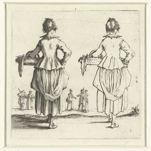 Tweemaal dezelfde boerin met rieten mand, op de rug gezien by Jacques Callot, print, 1621-1624