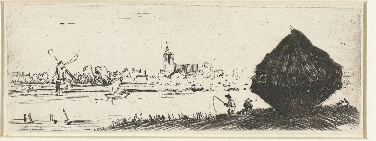 Landschap met hooiberg by anonymous, print, 1630-1700