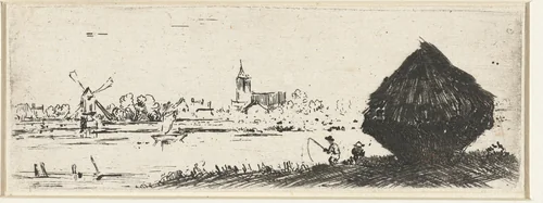 Landschap met hooiberg by anonymous, print, 1630-1700