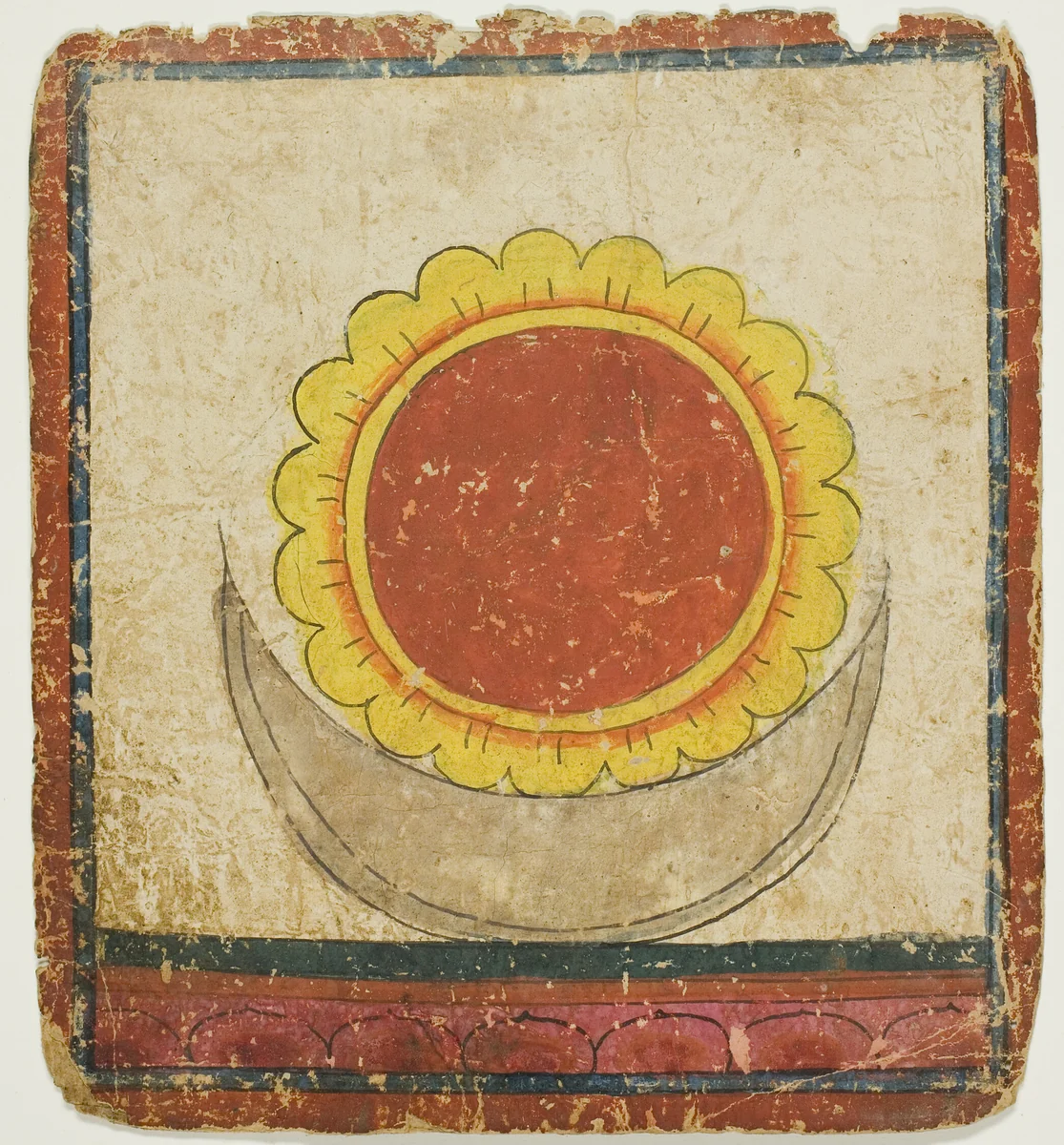 Sun, Moon and Lotus on Lotus Throne, from a Set of Initiation Cards (Tsakali) by Tibet, drawing, 1299-1499