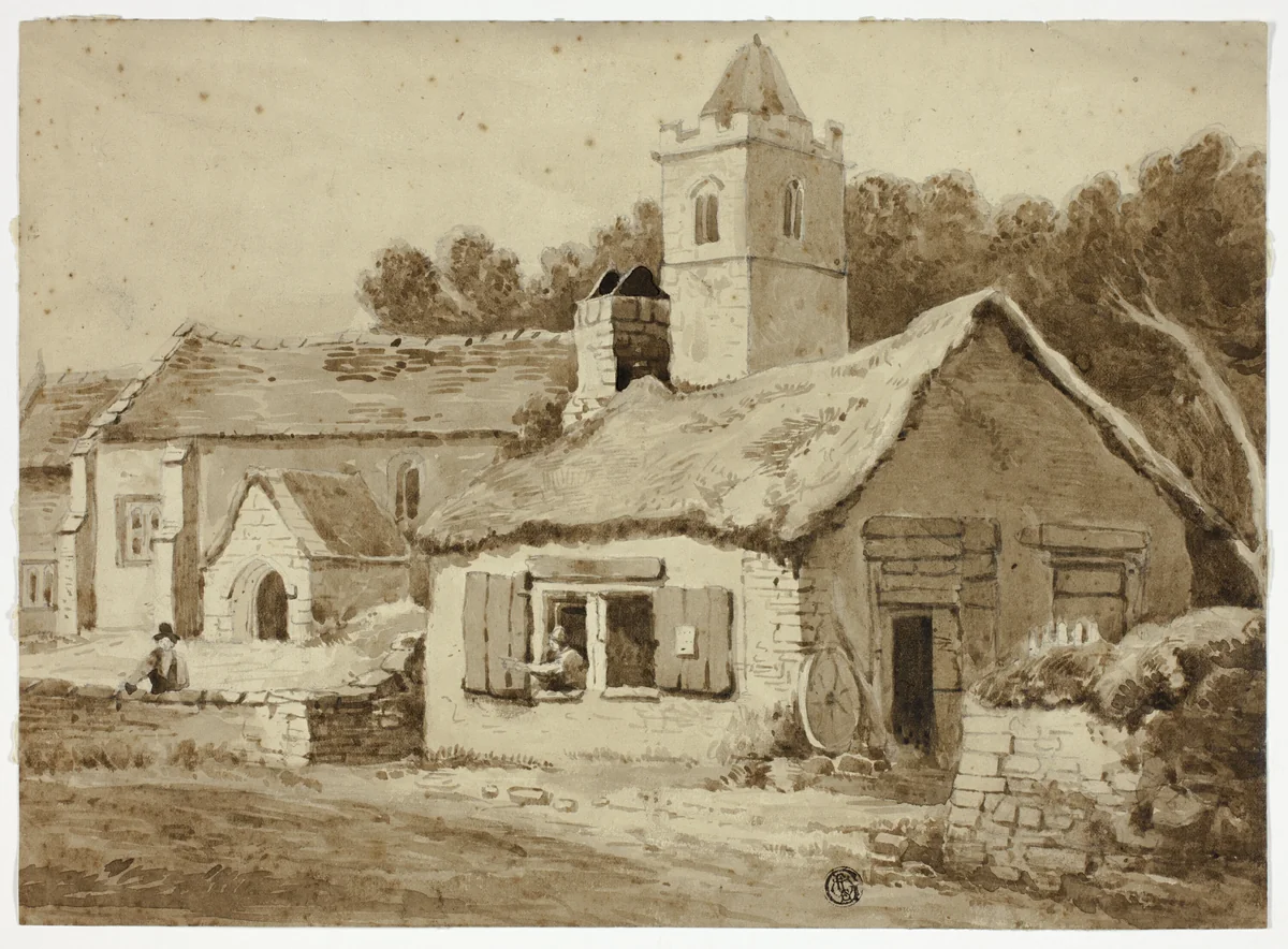 Village Church and Street by Samuel Prout, drawing, 1803-1852