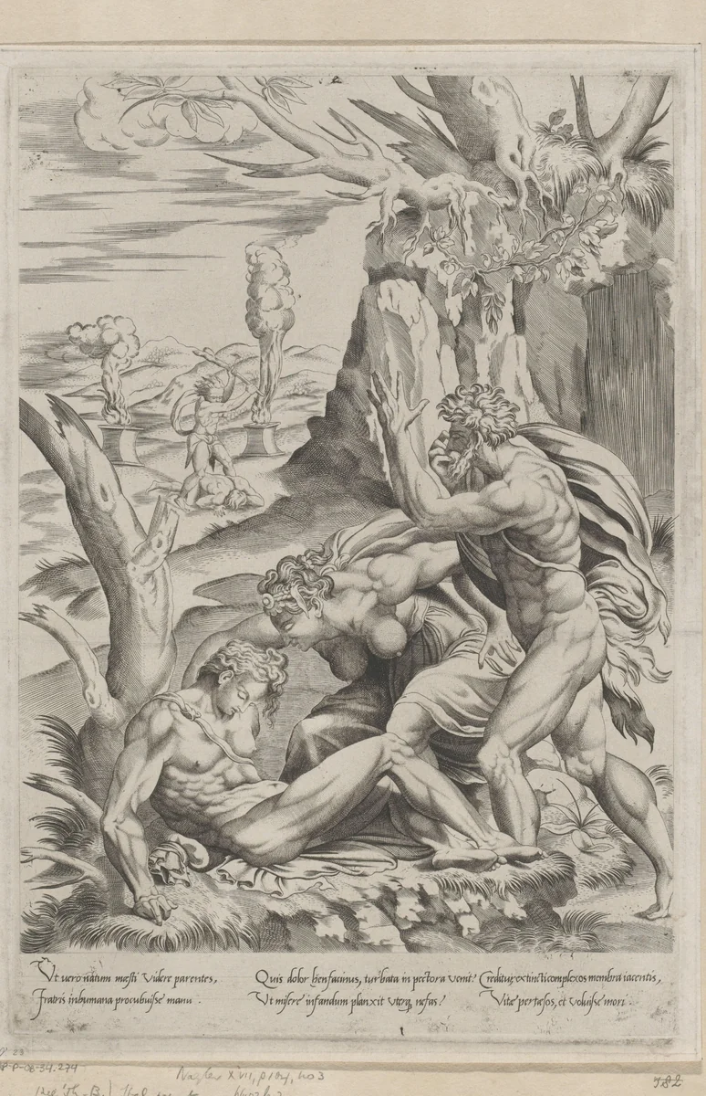 Adam en Eva bewenen Abel by Unknown, print, 1525-1565