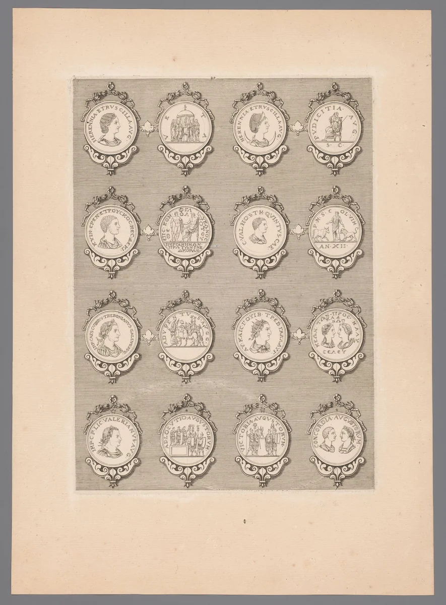 Zestien penningen met versierde lijsten by Simon de la Boissière, print, 1647-1682