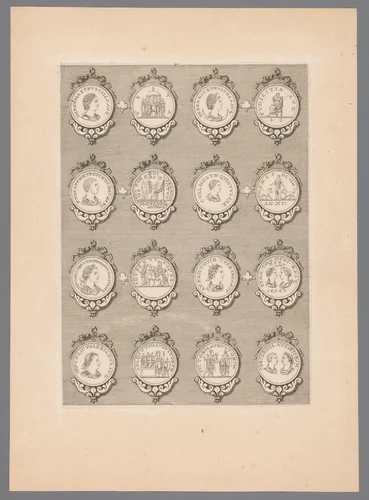 Zestien penningen met versierde lijsten by Simon de la Boissière, print, 1647-1682