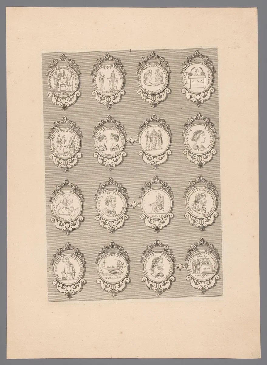 Zestien penningen met versierde lijsten by Simon de la Boissière, print, 1647-1682
