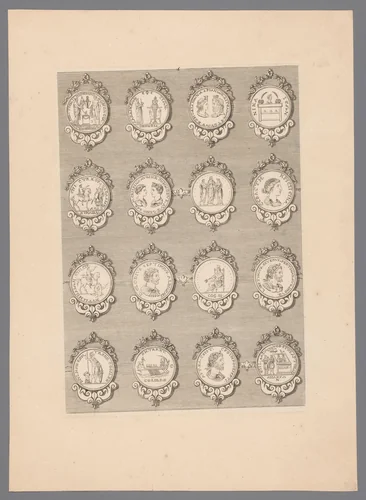 Zestien penningen met versierde lijsten by Simon de la Boissière, print, 1647-1682