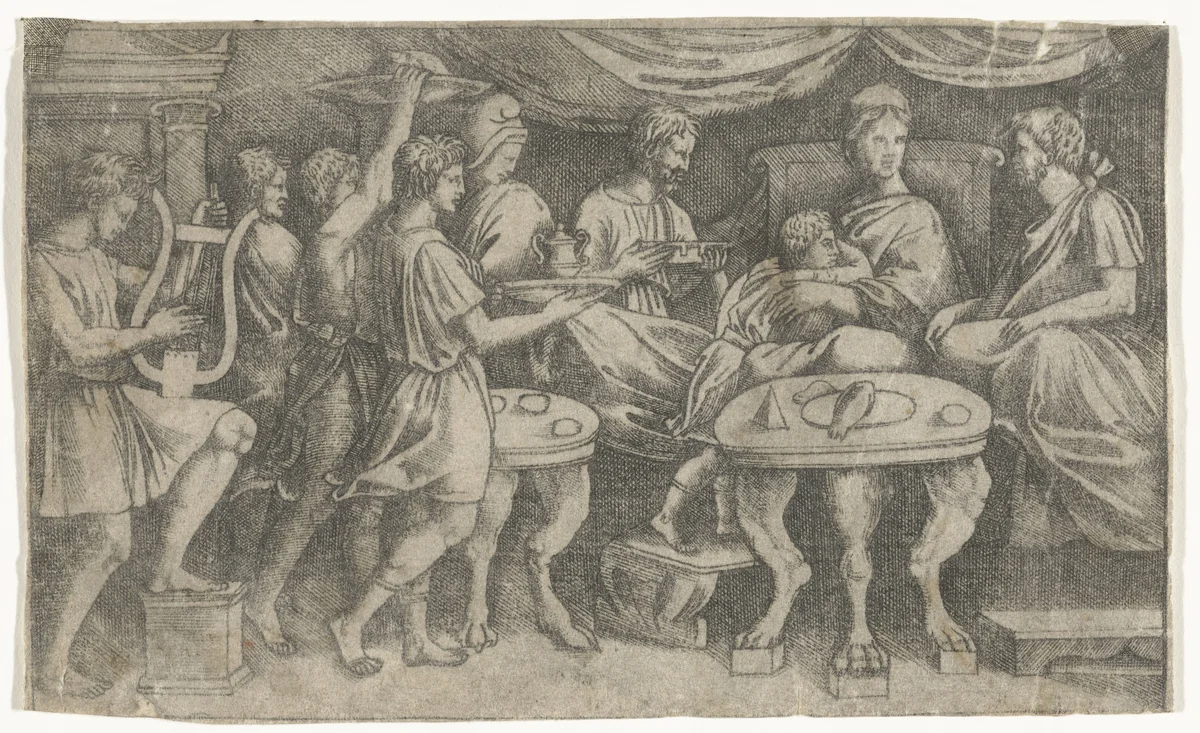 Feestmaal van Dido en Aeneas en Cupido vermomd als Ascanius by anonymous, print, 1515-1566