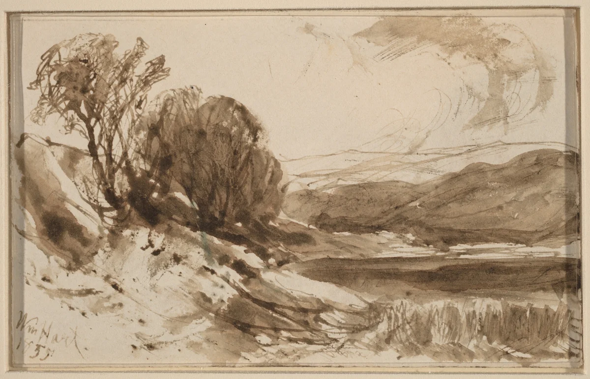 Hilly Landscape with Trees by William Hart, drawing, 1855