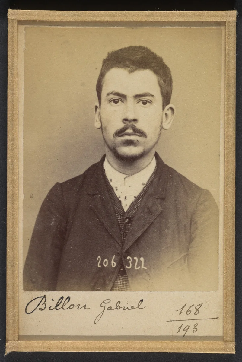 Billon. Gabriel, André, Adolphe. 20 ans, né à Boulogne /s/Seine. Typographe. Outrages. 14/8/93. by Alphonse Bertillon, photograph, 1893