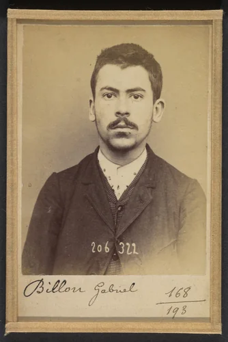 Billon. Gabriel, André, Adolphe. 20 ans, né à Boulogne /s/Seine. Typographe. Outrages. 14/8/93. by Alphonse Bertillon, photograph, 1893