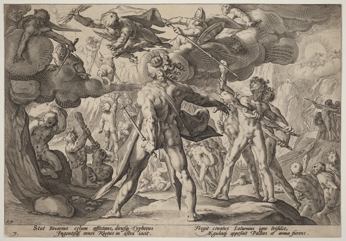 The Giants Climbing the Heavens by Hendrick Goltzius, print, 1595-1605