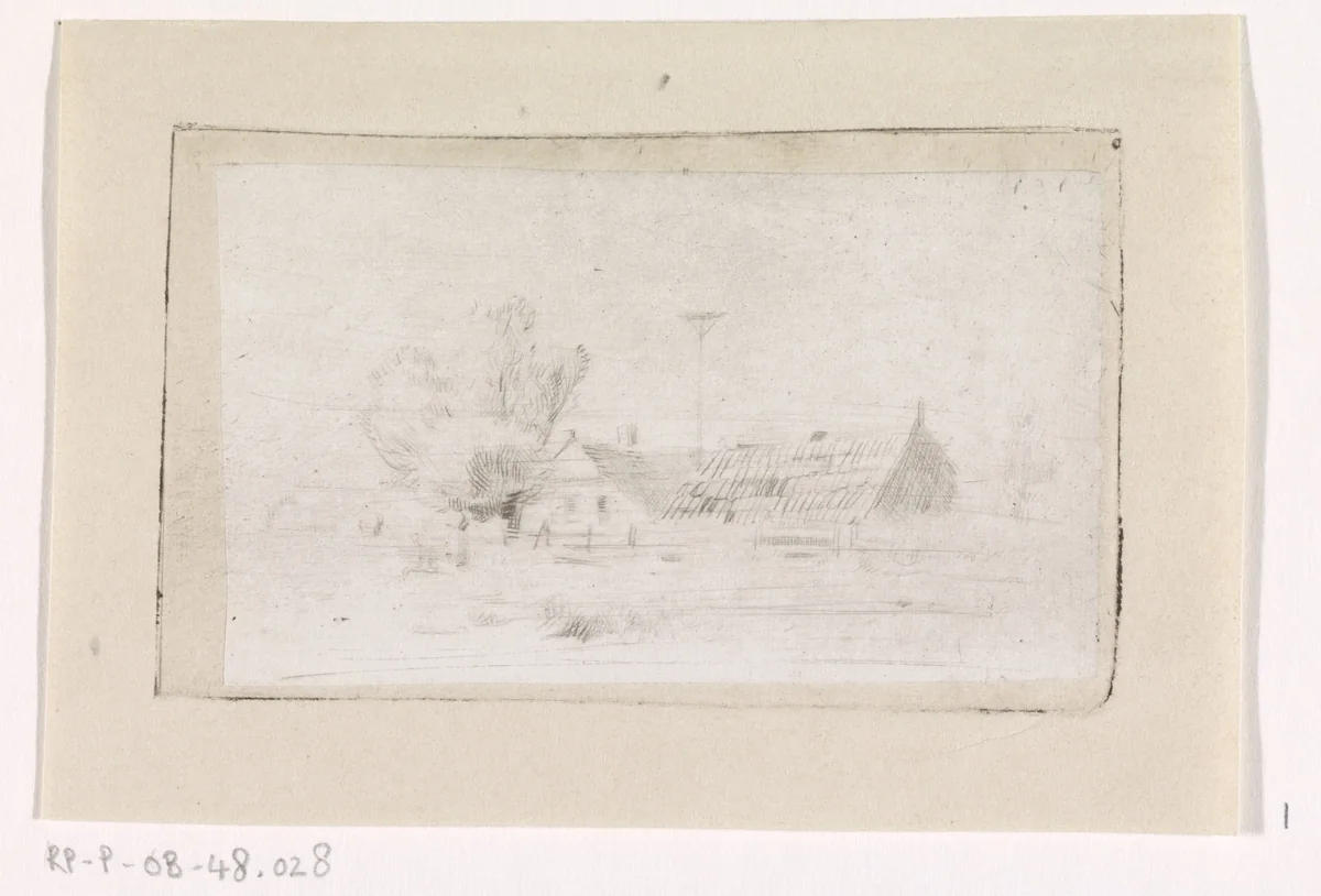 Ooievaarsnest tussen huizen aan de waterkant by Jacob Jan van der Maaten, print, 1830-1879