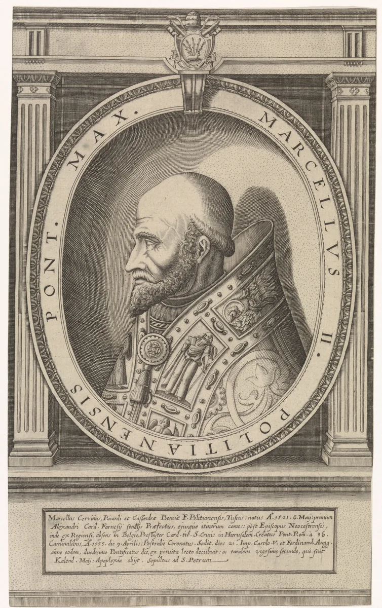 Portret van paus Marcellus II by Friedrich van Hulsen, print, 1590-1665