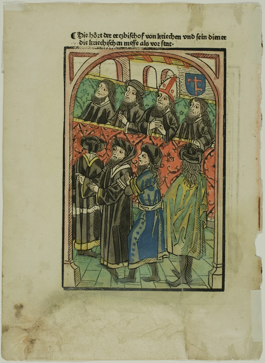 Pope Martin Conducting Mass from Conciliumbuch (recto); Greek Bishop and His Servant Hearing Mass (verso) by Ulrich von Reichenthal, print, 1483