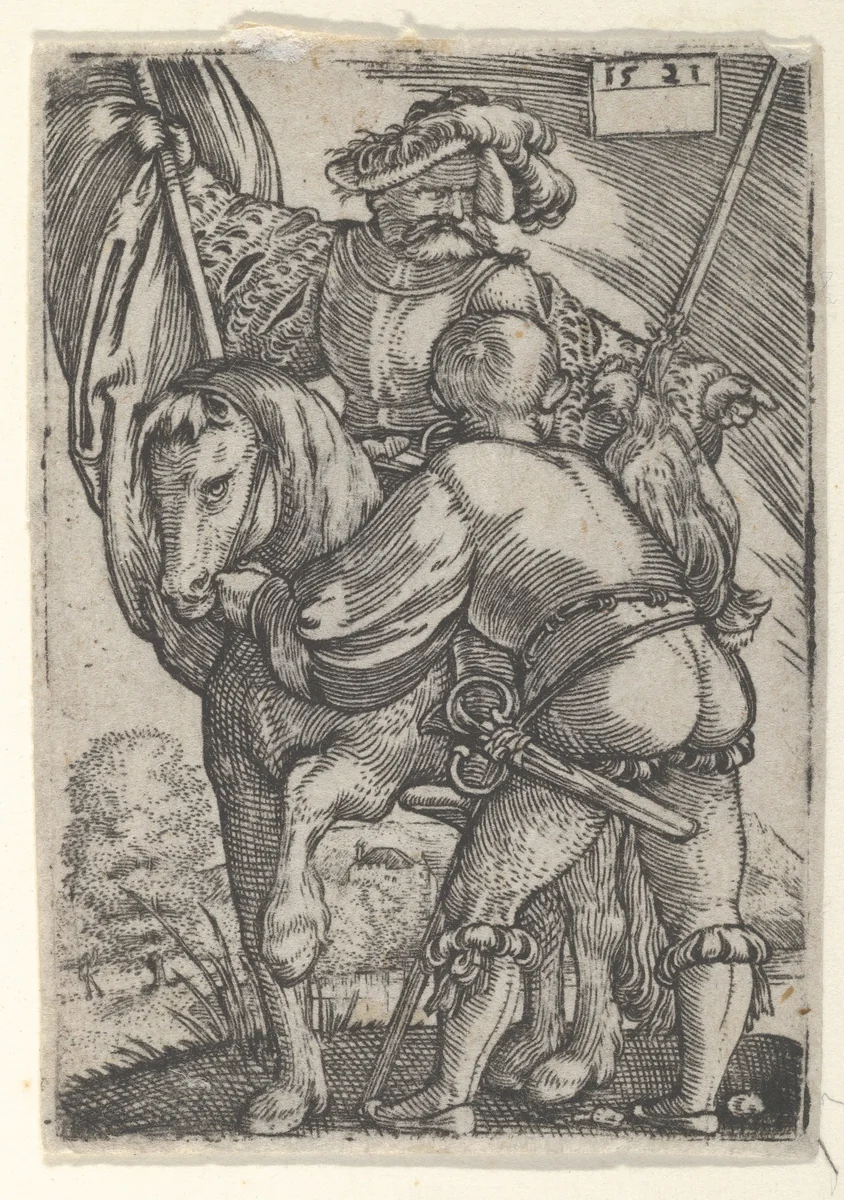 Riding Standard Bearer and a Foot Soldier by Barthel Beham, print, 1515-1540