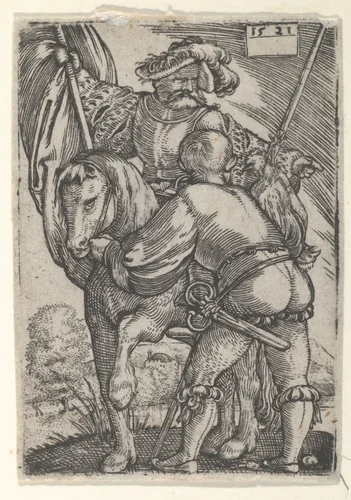 Riding Standard Bearer and a Foot Soldier by Barthel Beham, print, 1515-1540