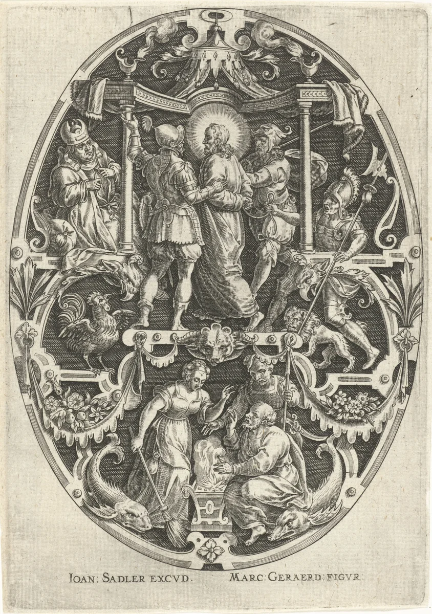 Christus voor Kajafas by Johann Sadeler, print, 1560-1600