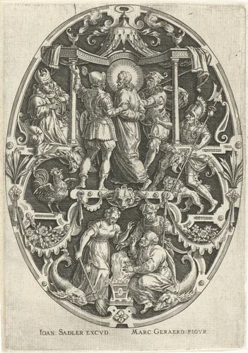 Christus voor Kajafas by Johann Sadeler, print, 1560-1600