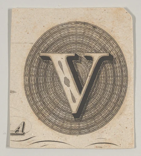 Banknote motif: capital V within an oval containing basket-like lathe work by Cyrus Durand, print, 1819-1847
