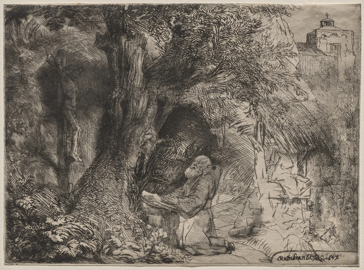 St. Francis Beneath a Tree Praying by Rembrandt van Rijn, print, 1657