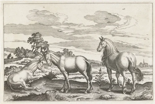 Paard en ezels by anonymous, print, 1628-1679