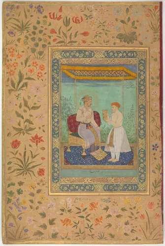 "Jahangir and His Vizier, I'timad al-Daula", Folio from the Shah Jahan Album by Manohar, manuscript, 1505-1640