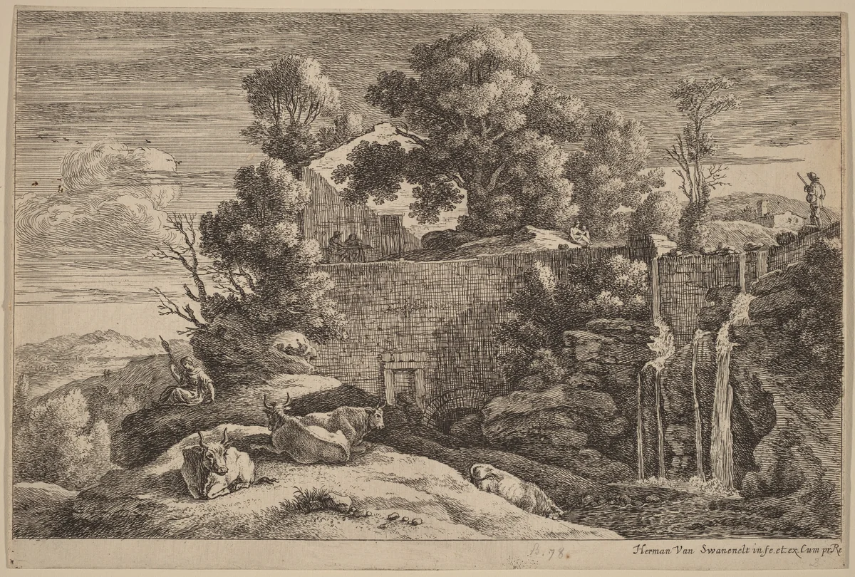 The Spinner and Four Cows by Herman van Swanevelt, print, 1600-1655
