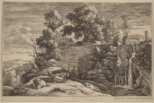 The Spinner and Four Cows by Herman van Swanevelt, print, 1600-1655