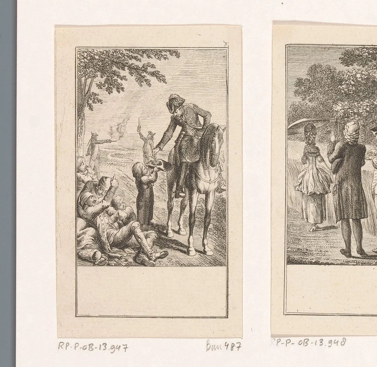 Ruiter geeft een arme jongen geld by Daniel Nikolaus Chodowiecki, print, 1778