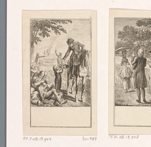 Ruiter geeft een arme jongen geld by Daniel Nikolaus Chodowiecki, print, 1778