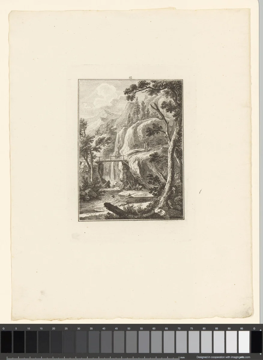 Landschap met een brug over een waterval by Johann Rudolph Schellenberg, print, 1781