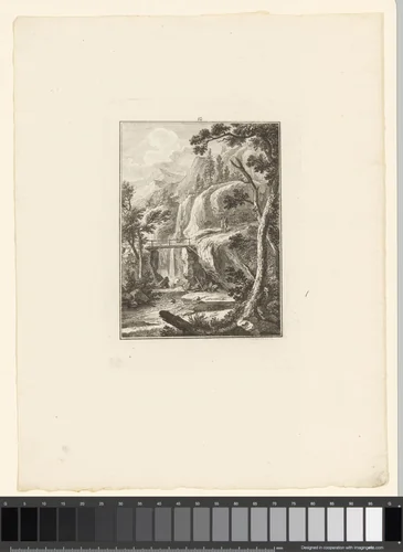 Landschap met een brug over een waterval by Johann Rudolph Schellenberg, print, 1781