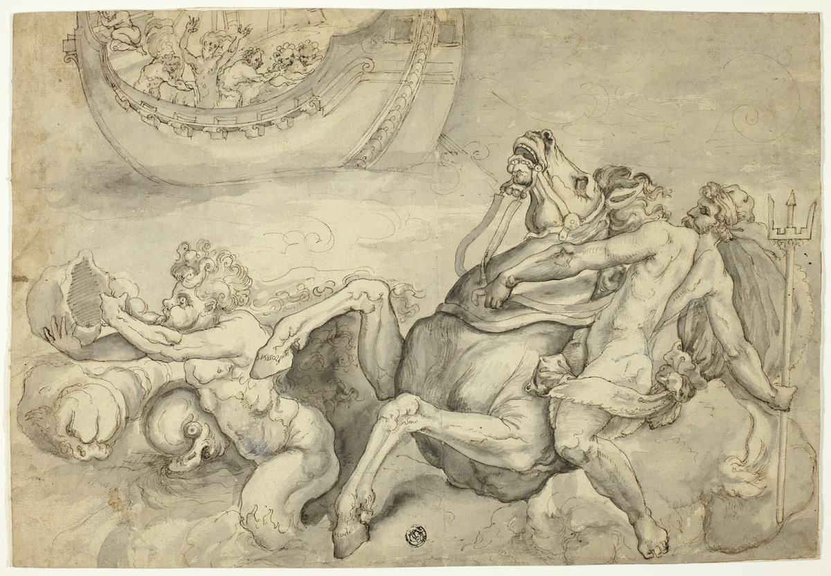 Neptune Calming the Tempest Raised by Aeolus against Aeneas ("Quos Ego") by Italian Second half of the 16th Century, drawing, 1550-1599