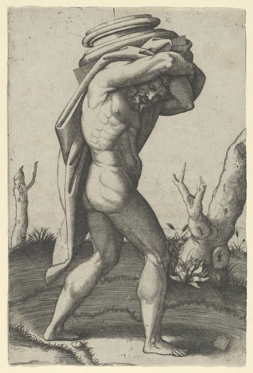 Naked man walking to the right carrying a column base by Marcantonio Raimondi, print, 1512-1522