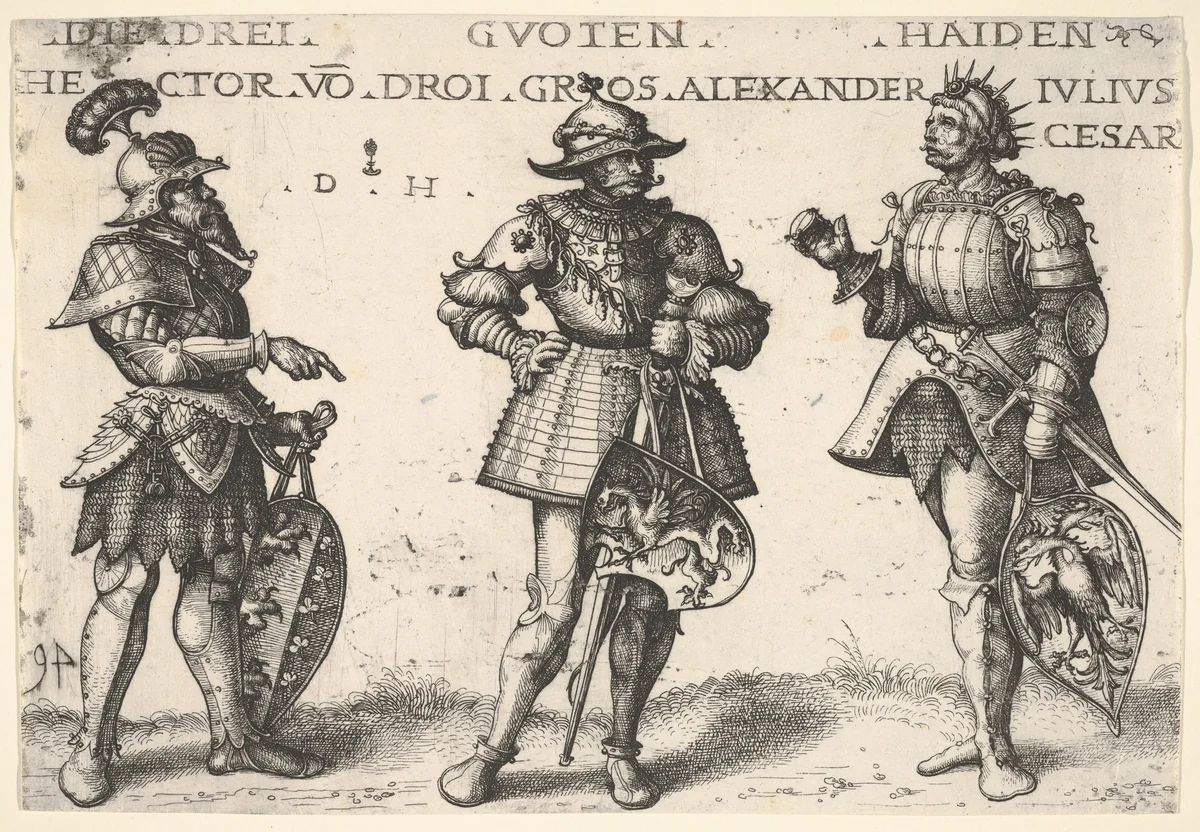 Three Worthy Pagans: Hector, Alexander the Great, and Julius Caesar by Daniel Hopfer, print, 1511-1521