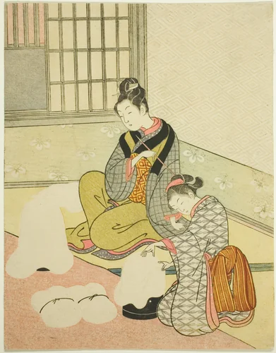 Evening Snow on a Floss Shaper (Nurioke no bosetsu), from the series "Eight Views of the Parlor (Zashiki hakkei)" by Suzuki Harunobu (鈴木春信), print, 1761-1770