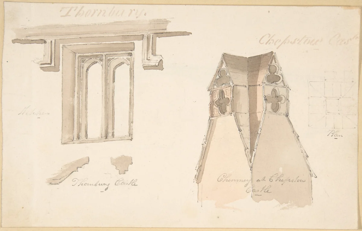 Window at Tewkesbury. Chimney, Chepstow Castle; Bridge at Chepstow (verso) by anonymous, drawing, 1800-1900