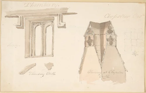 Window at Tewkesbury. Chimney, Chepstow Castle; Bridge at Chepstow (verso) by anonymous, drawing, 1800-1900