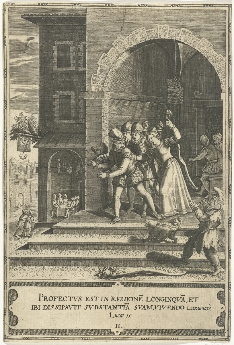 Gelijkenis van de Verloren Zoon: De verloren zoon wordt uit een huis gejaagd by Unknown, print, 1579-1615
