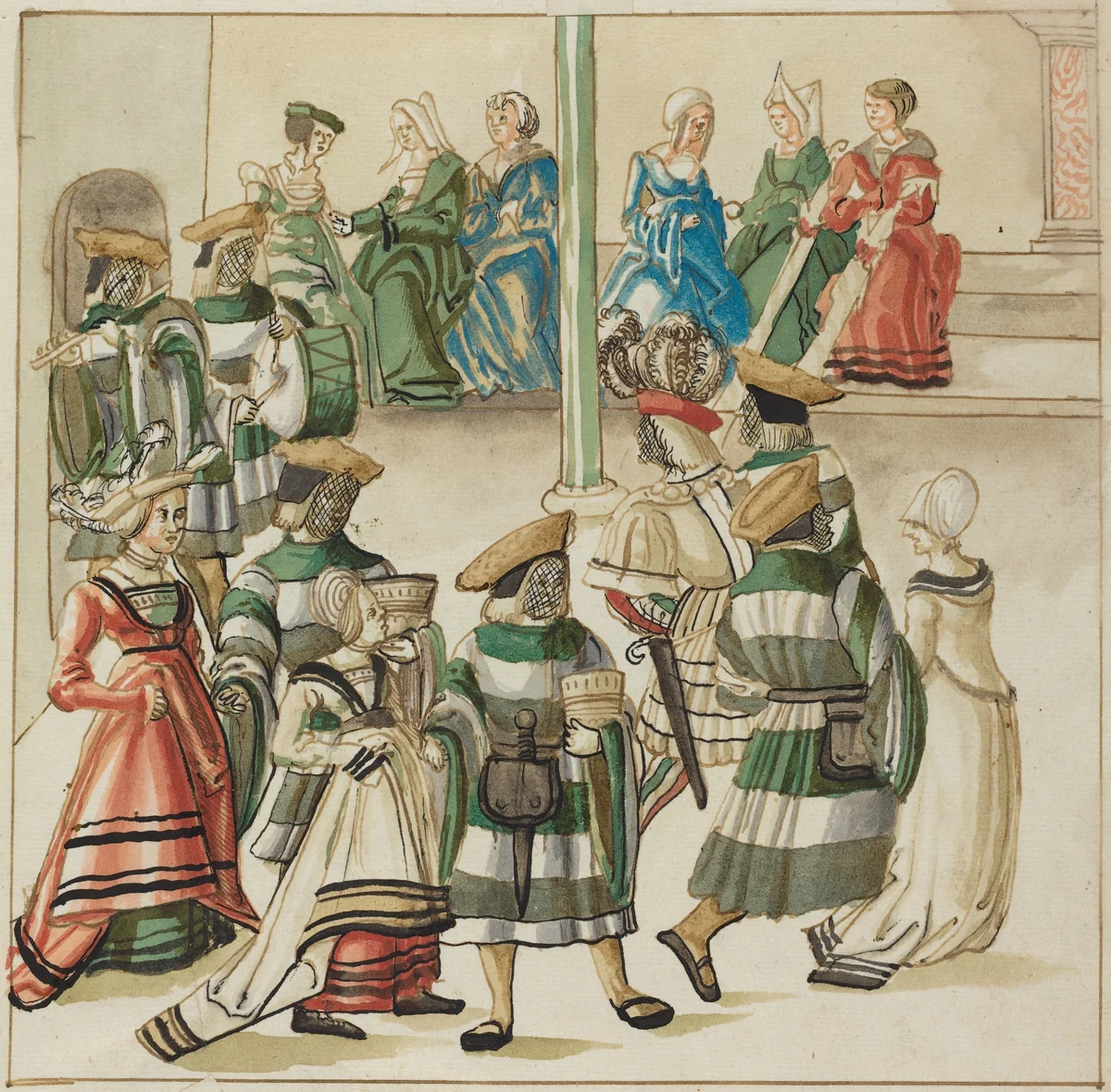 Three Dancing Couples Led by Two Knights in Room with Column by German 16th Century, drawing, 1515