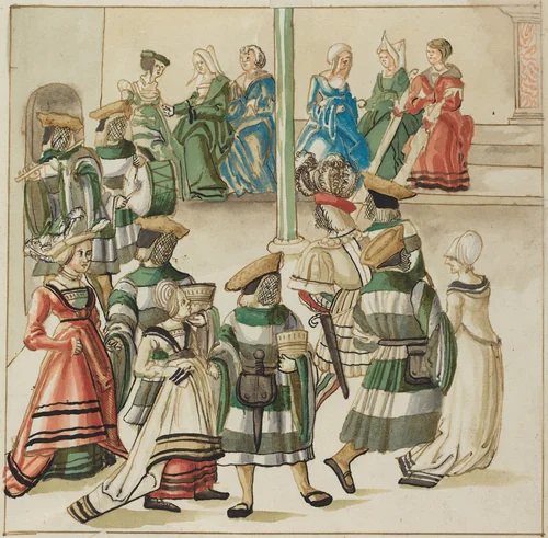 Three Dancing Couples Led by Two Knights in Room with Column by German 16th Century, drawing, 1515