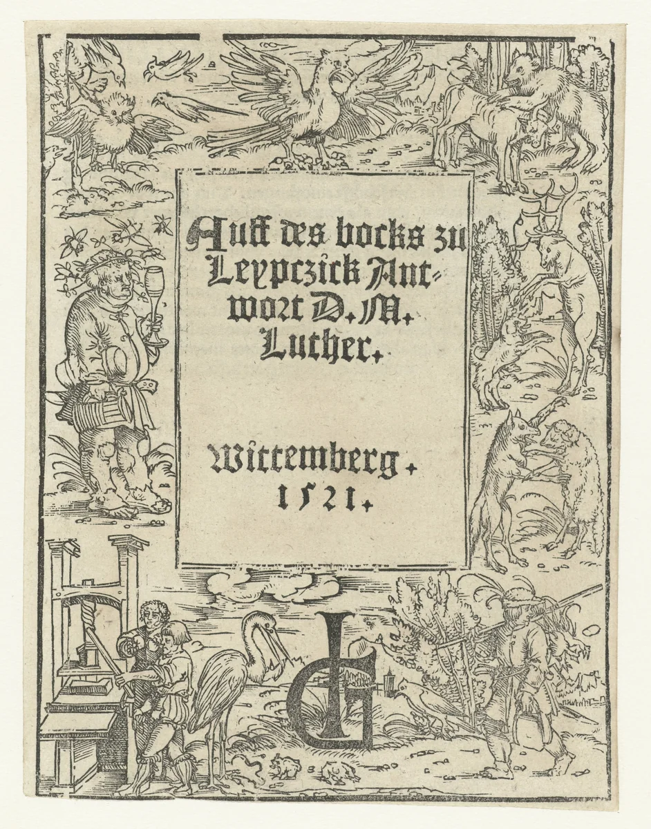 Titelomlijsting met drukpers, jager, vogels en dieren by Cranach atelier, print, 1521