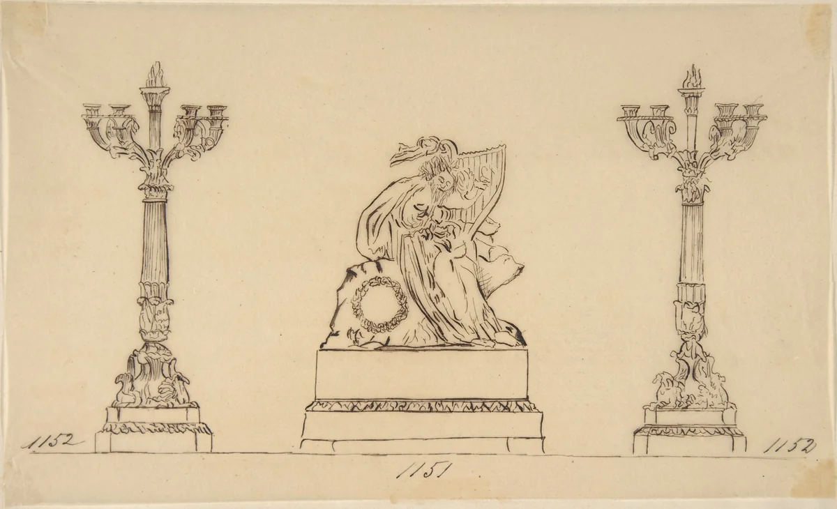 Design for a Set of Candlesticks and a Clock by anonymous, drawing, 1800-1899