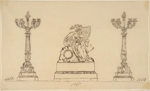 Design for a Set of Candlesticks and a Clock by anonymous, drawing, 1800-1899
