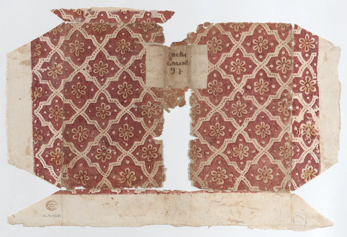 Book cover with red geometric and flower pattern by anonymous, print, 1800-1900