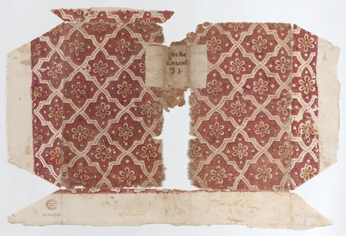 Book cover with red geometric and flower pattern by anonymous, print, 1800-1900